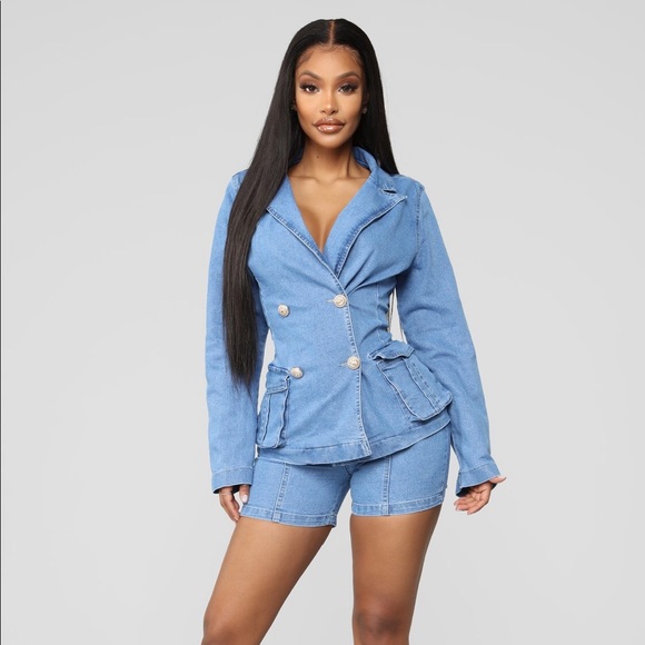 denim short and jacket set